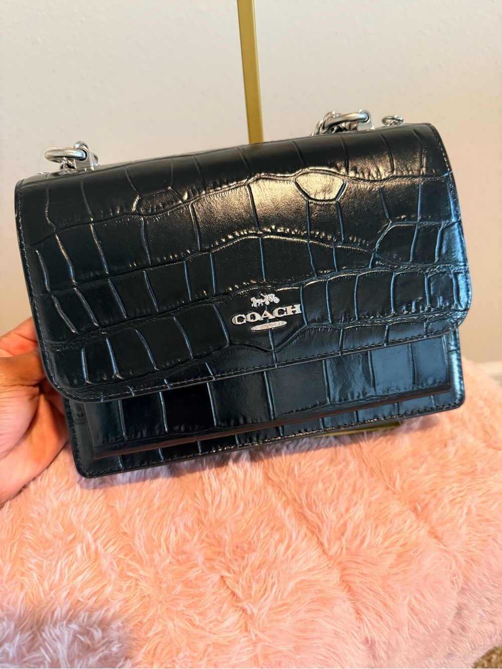 **NWT** COACH Klare Black Croc-Embossed Leather Chain Bag